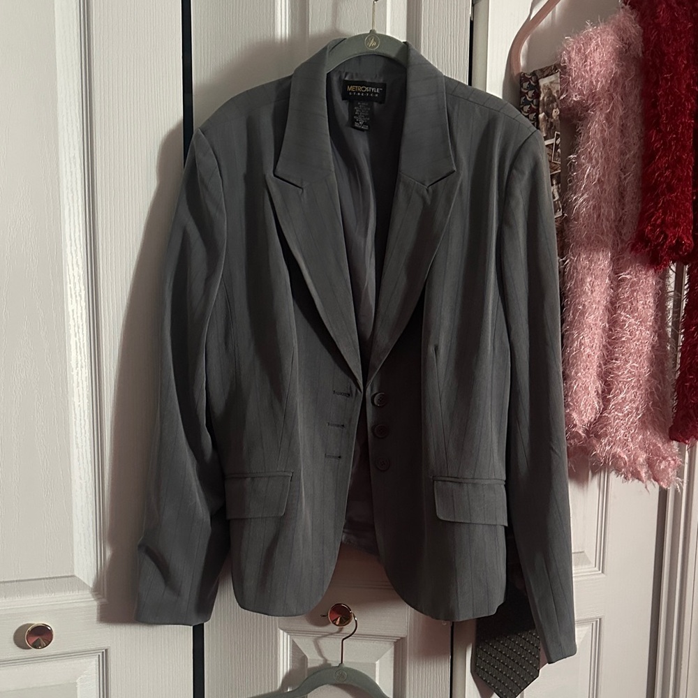 Women’s grey pinstriped blazer set